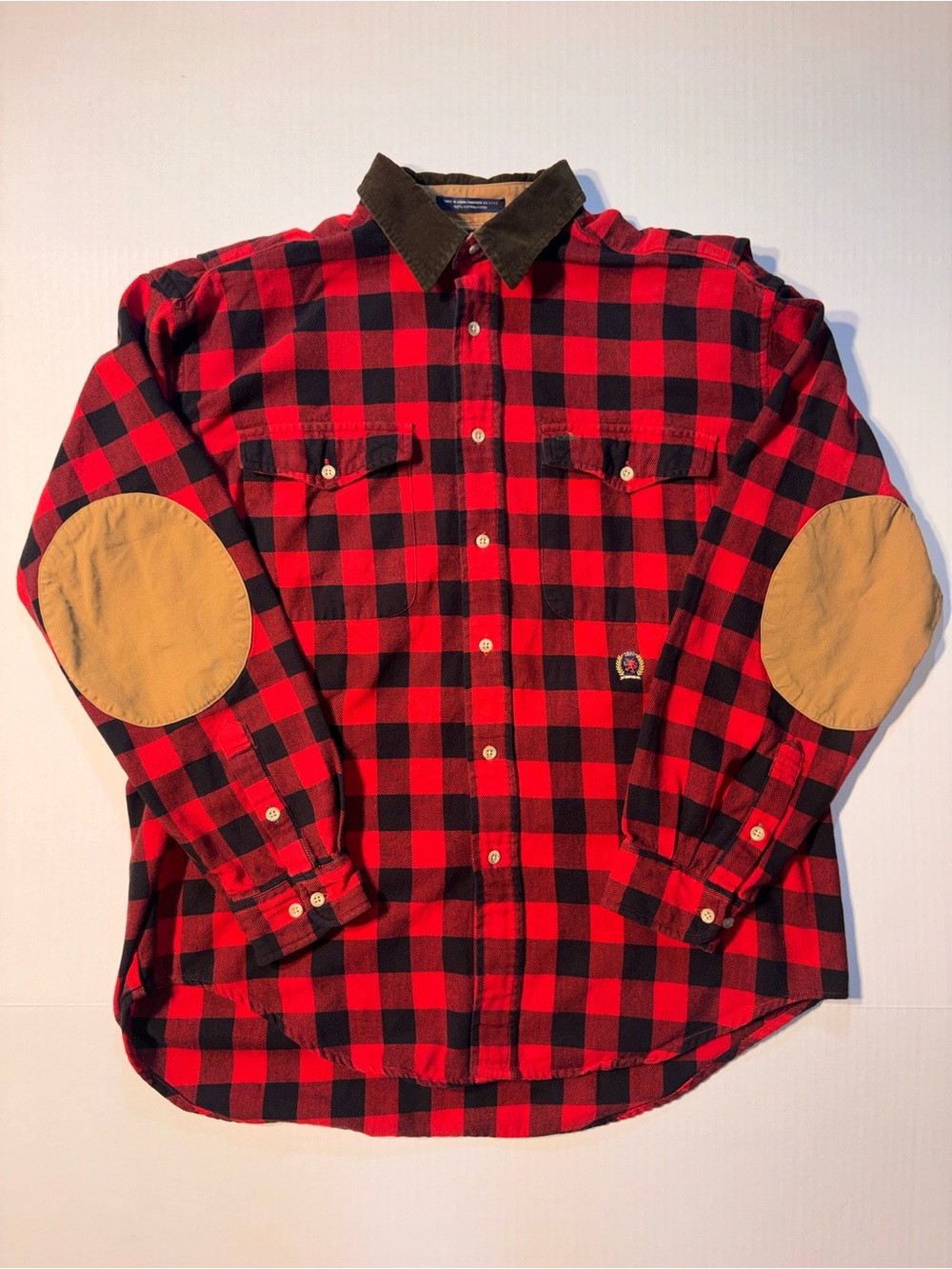Vtg Tommy Hilfiger Plaid Flannel Corduroy Elbow Patch 90’s Button Up Men’s Sz M